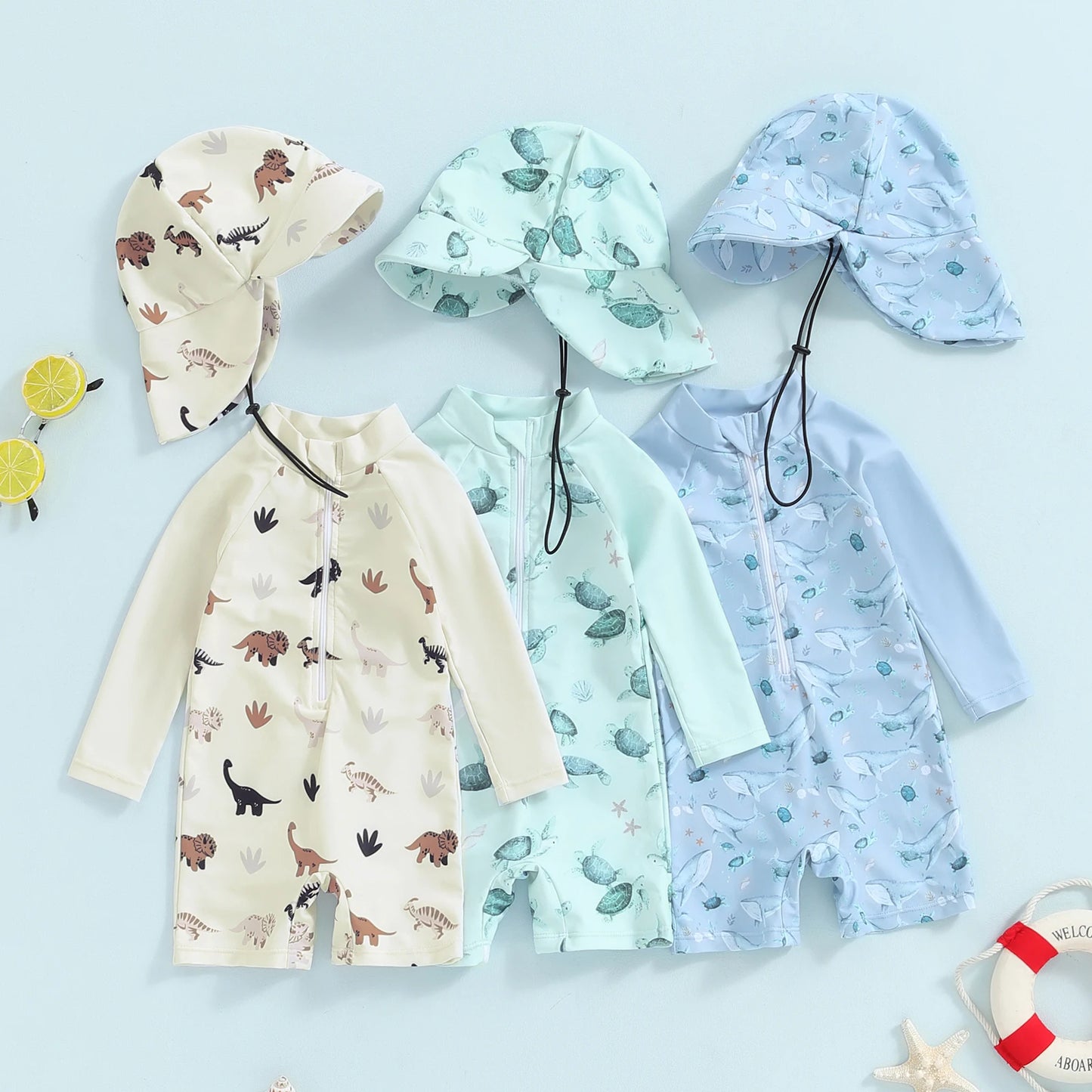 Baby Boy Swimwear Cute Summer Kid Bikini Set Whale Print Long Sleeve Rash Guard Swimsuit Sun Hat Toddler Bathing Suit