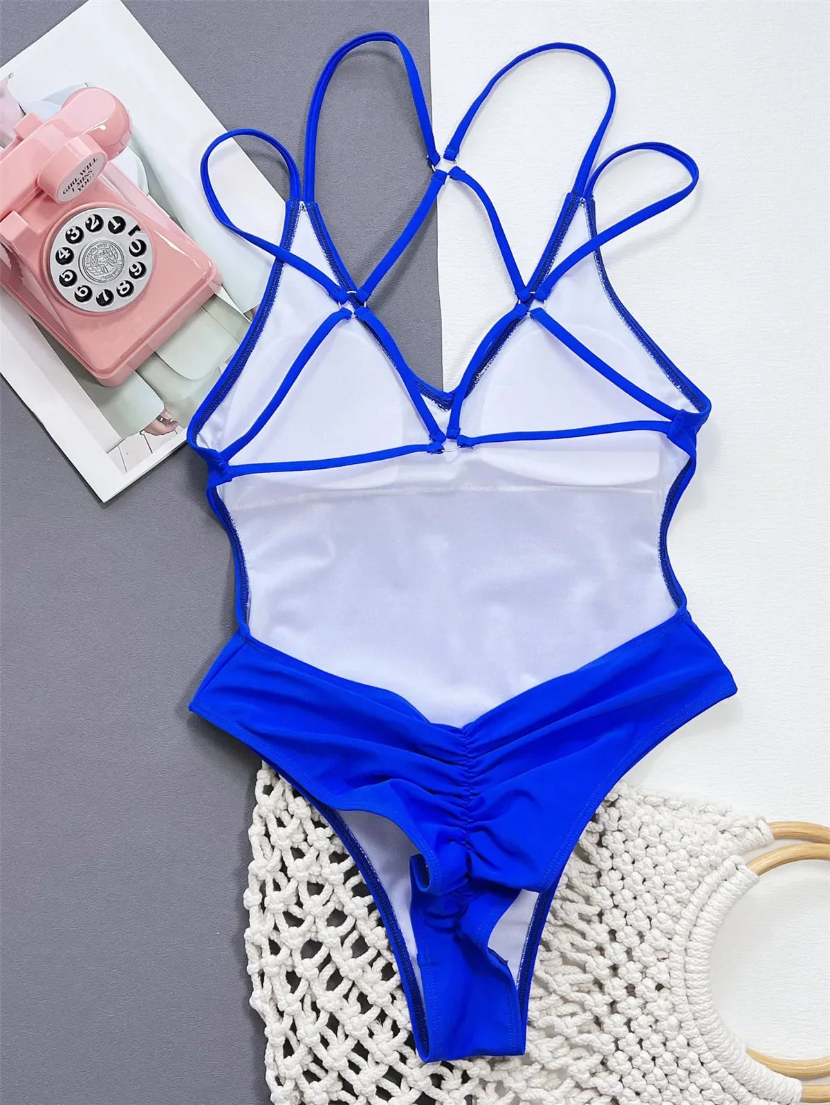 Solid Blue Backless Swimwear One Piece Swimsuit Women Back Cross String Bathers High Cut Bathing Suit