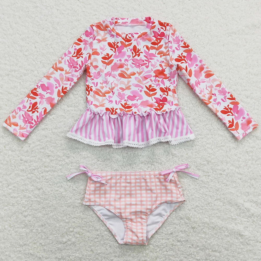 Colourful Designs Baby Girls Swimsuits Long Sleeve One Pieces Swimsuit Summer Fashion Kids Clothes Swimwear Boutique Girls Swim Clothes