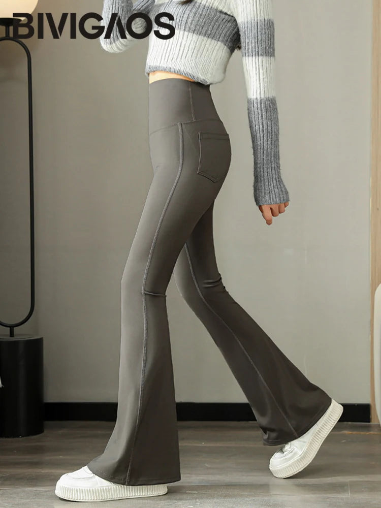 Fashion Back Pocket Shark Flared Pants Women Tight-Fit Slim High Waist Pants Push Up Sport Fitness Flare Leggings