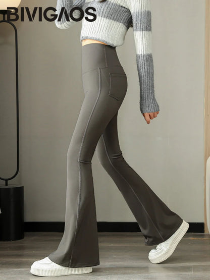 Fashion Back Pocket Shark Flared Pants Women Tight-Fit Slim High Waist Pants Push Up Sport Fitness Flare Leggings