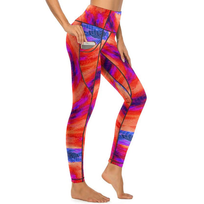 Red Fire Yoga Pants Pockets Abstract Print Leggings Push Up Kawaii Yoga Sports Tights Quick-Dry Workout Gym Leggins