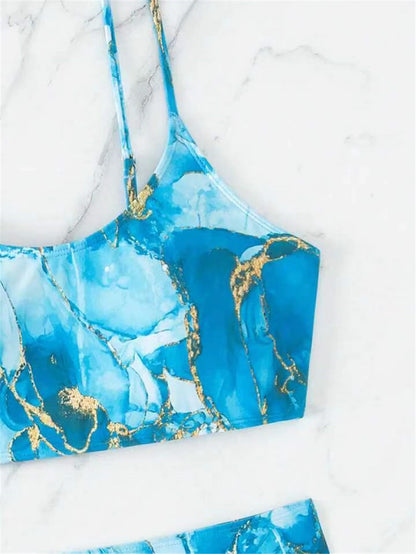 Two Pieces Marble Print Swimwear Women High Waist Swimsuit Summer Beach Wear Female Bathers Bathing Swimming Sport Suit