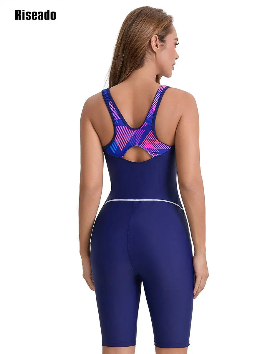 Boyleg One Piece Swimsuits for Women Knee Length Cover Athletic Bathing Suits Color Block Zip Up Swimwear