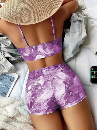 Two Pieces Marble Print Swimwear Women High Waist Swimsuit Summer Beach Wear Female Bathers Bathing Swimming Sport Suit