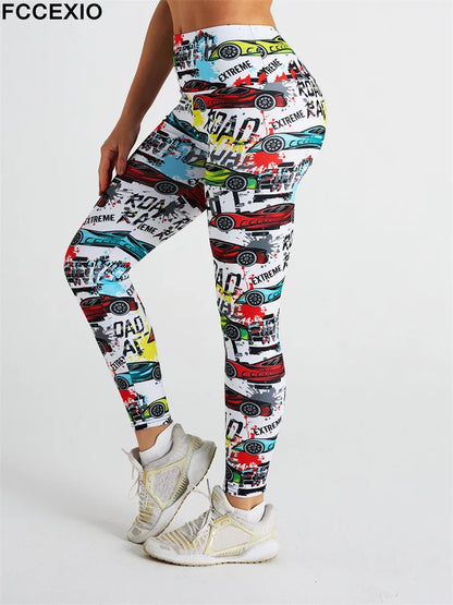 FCCEXIO Rendering Tie Dye Lines Print Women Pants Push Up Running Sports Leggings Slim Pants Casual Fitness Trousers