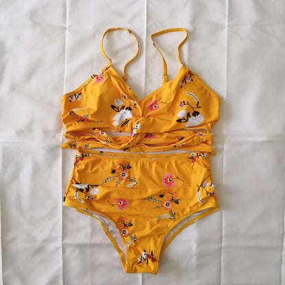 Bikini Two Piece Suit Cross Front Slim High Waisted Bottom Solid/Print Breathable Quick Drying Beachwear