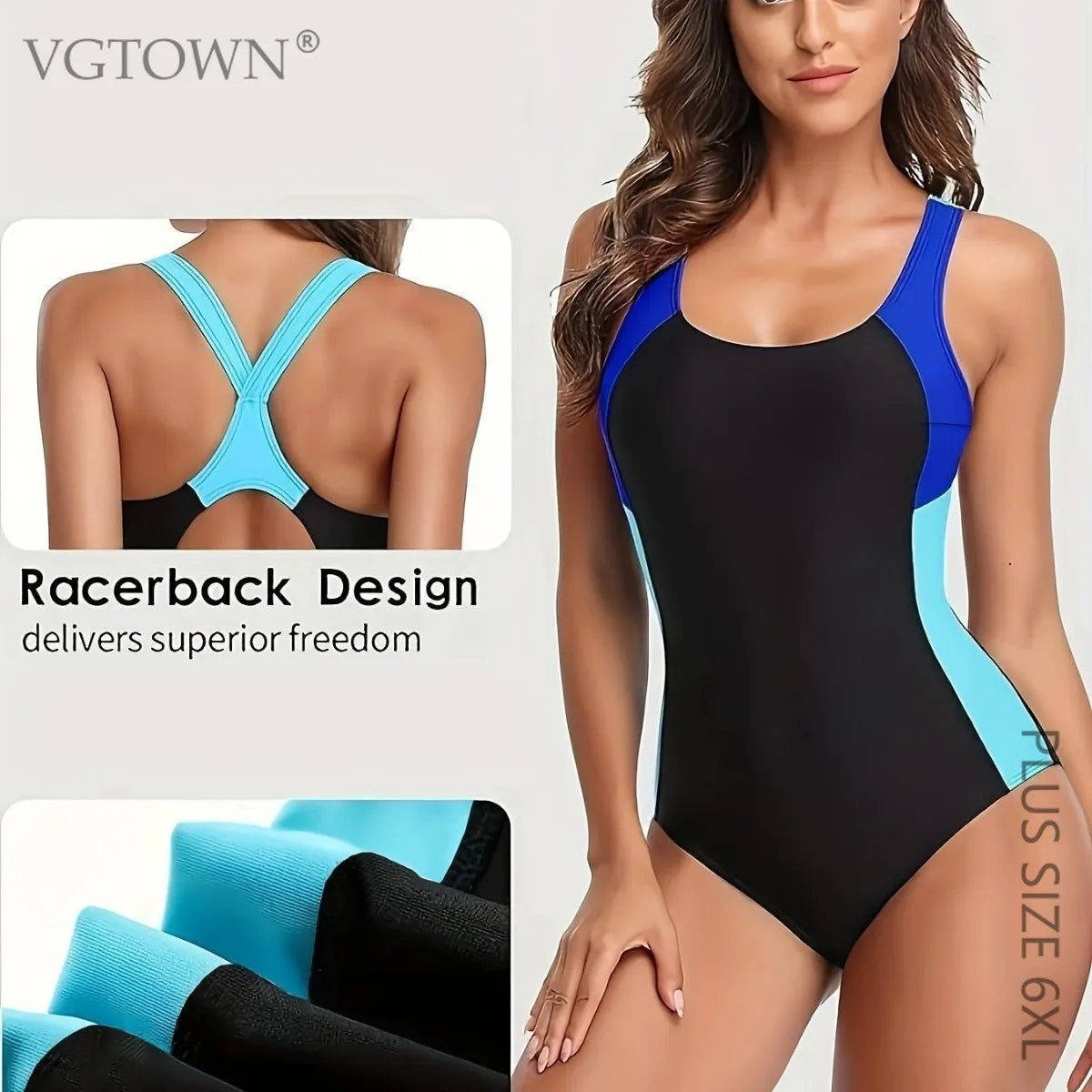 Plus Size 6XL Women One-Piece Sports Swimwear Patchwork Racerback Swimsuit Wide Straps Surfing Bathing Suit