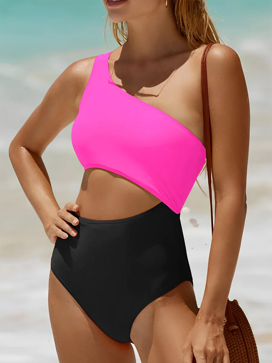 One Shoulder Swimsuit Women One Piece Solid Hollow Swimwear Female Bathers Bathing Swimming Swim Suit Beachwear XXL
