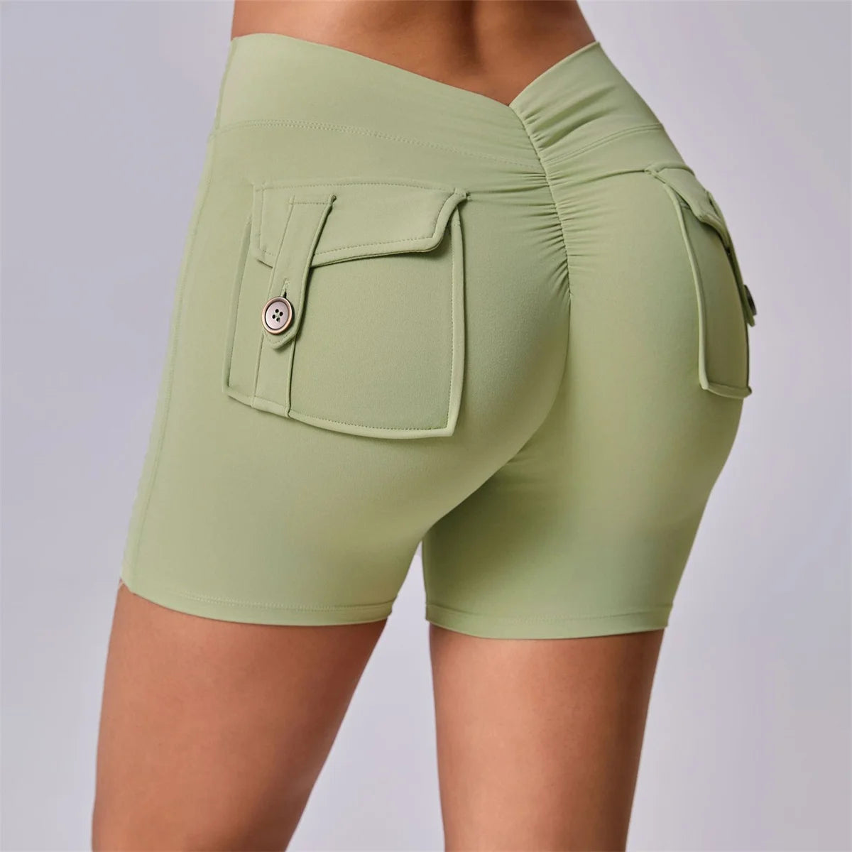 Deep V Back Yoga Shorts Women Pocket Scrunched Butt Gym Leggings High Waist Push Up Tights Booty Sports Shorts Fitness