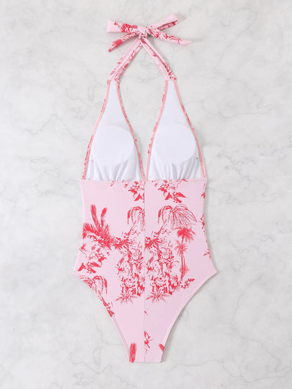 Lady Print Tied Halter Swimwear Women Push UP One Piece Swimsuit Monokini Backless Brazilian Bathing Suit