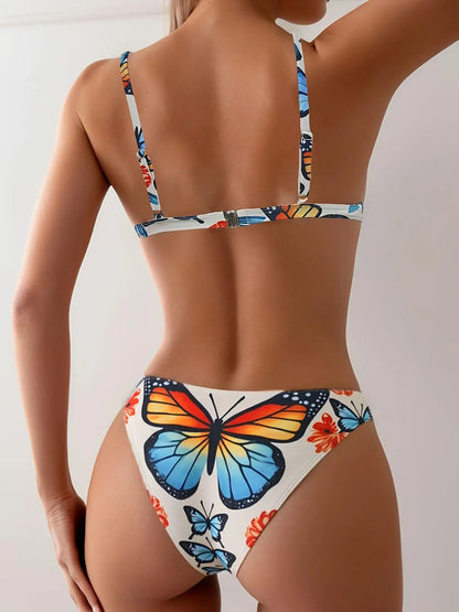 Butterfly Print Bikini Set Women V Neck Push Up High Waist Swimsuit Summer Holiday Bathing Suit Two Piece Swimwear
