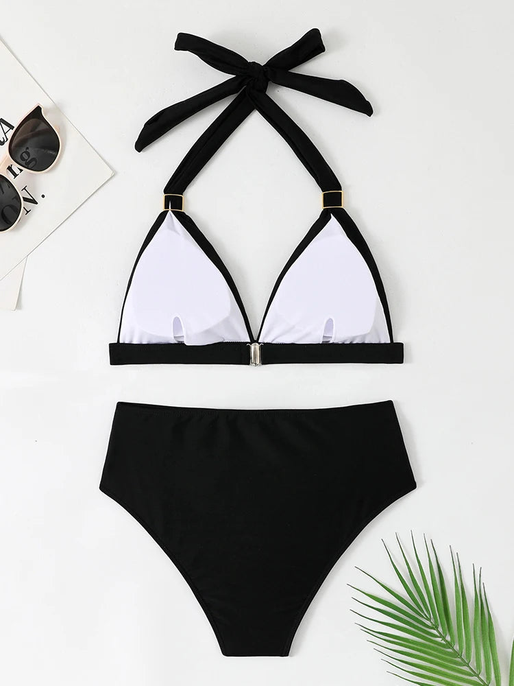 Solid Bathing Suit Women Two-piece High Waisted Chic Split Swimsuit Neck-mounted Low Cut Backless Beachwear Summer New