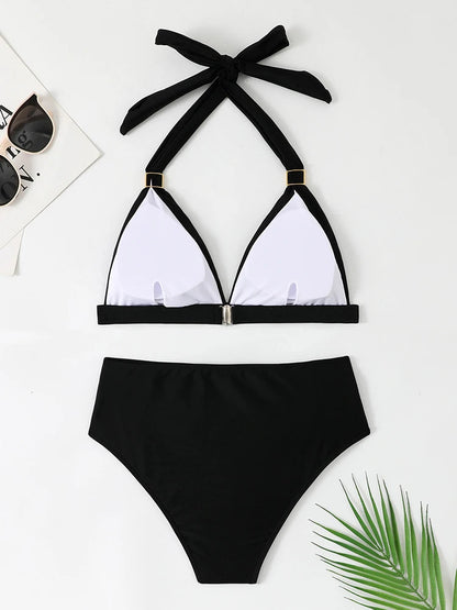 Solid Bathing Suit Women Two-piece High Waisted Chic Split Swimsuit Neck-mounted Low Cut Backless Beachwear Summer New