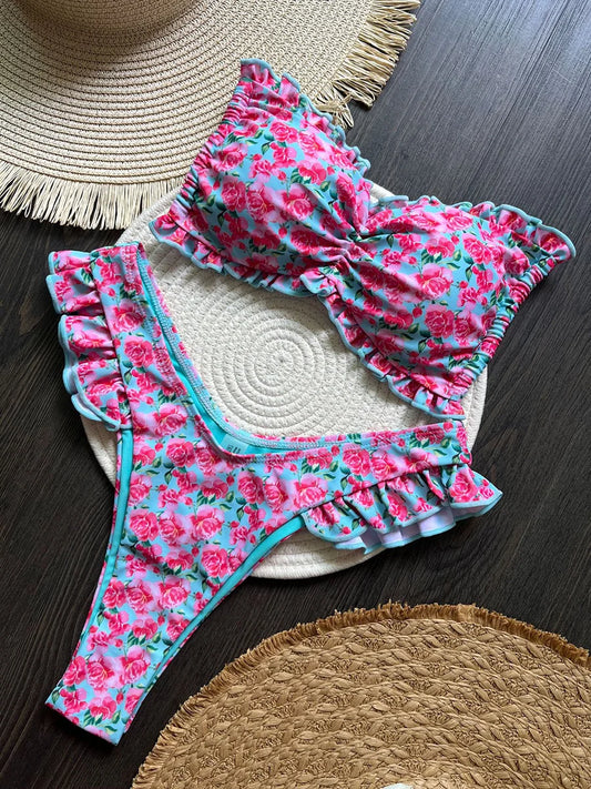 Flowers Print Ruffled Frilled Bandeau Bikini Women Swimwear Female Swimsuit Two-pieces Bikini Set Bather Bathing Suit Swim