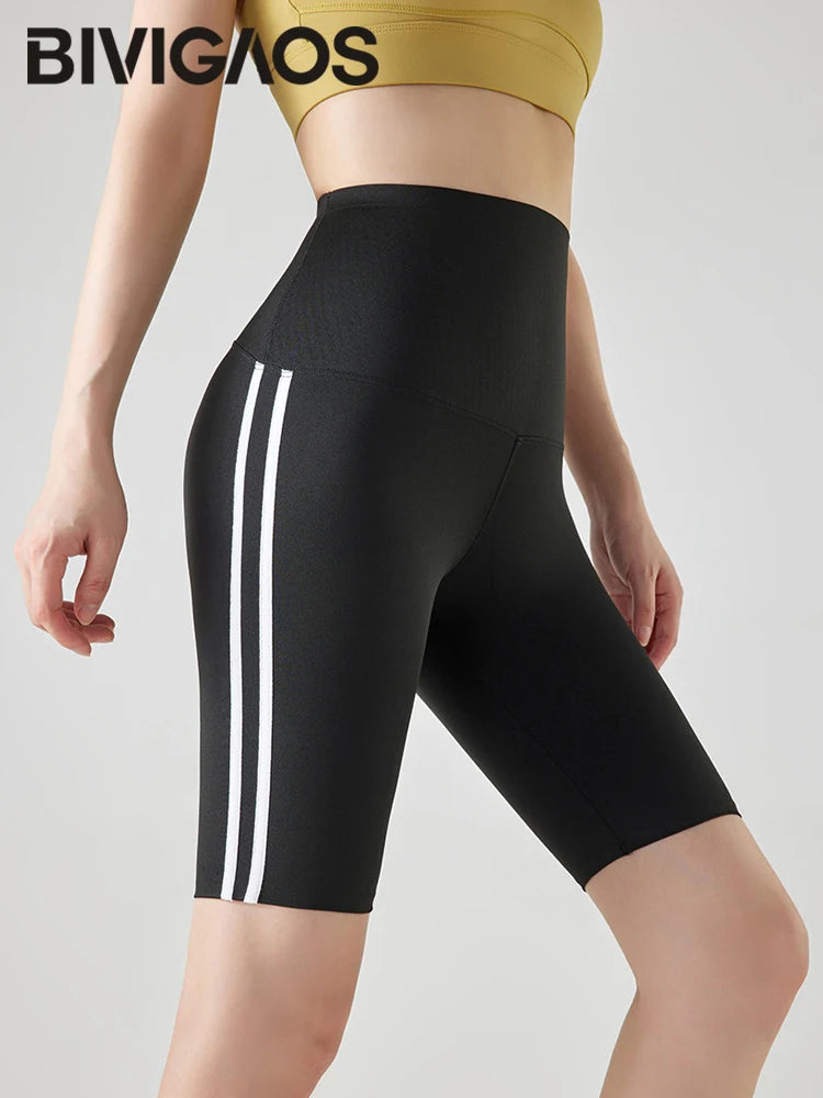 Stripe Side Double Stripe Cycling Shorts Women Sports Running Short Leggings High Waist Slim Fitness Biker Shorts