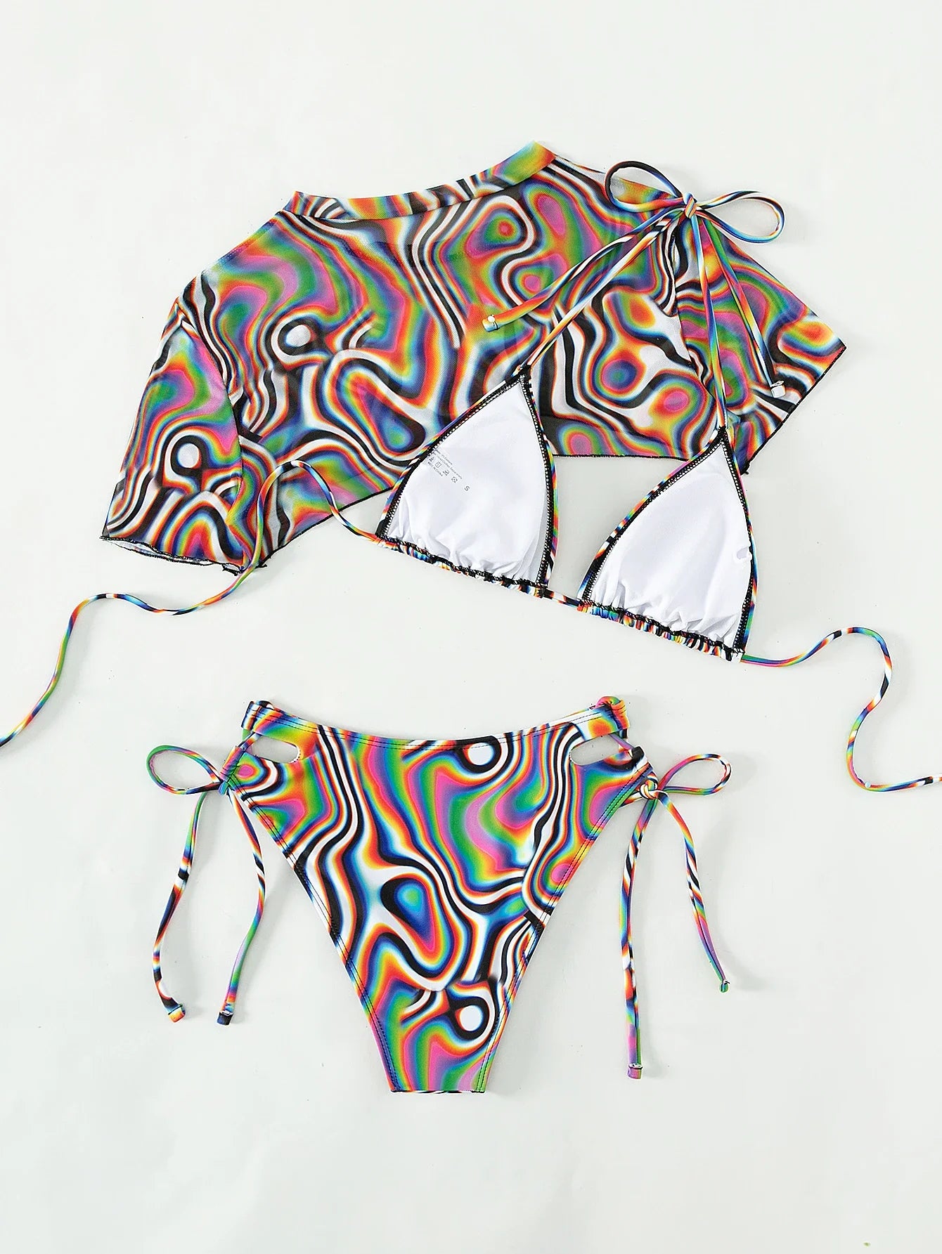 Short Sleeve 3 Piece Bikini Set with Mesh Cover Up Top Print Push Up Women Swimsuit Hollow Out  High Waist Bathing Suit Swimwear