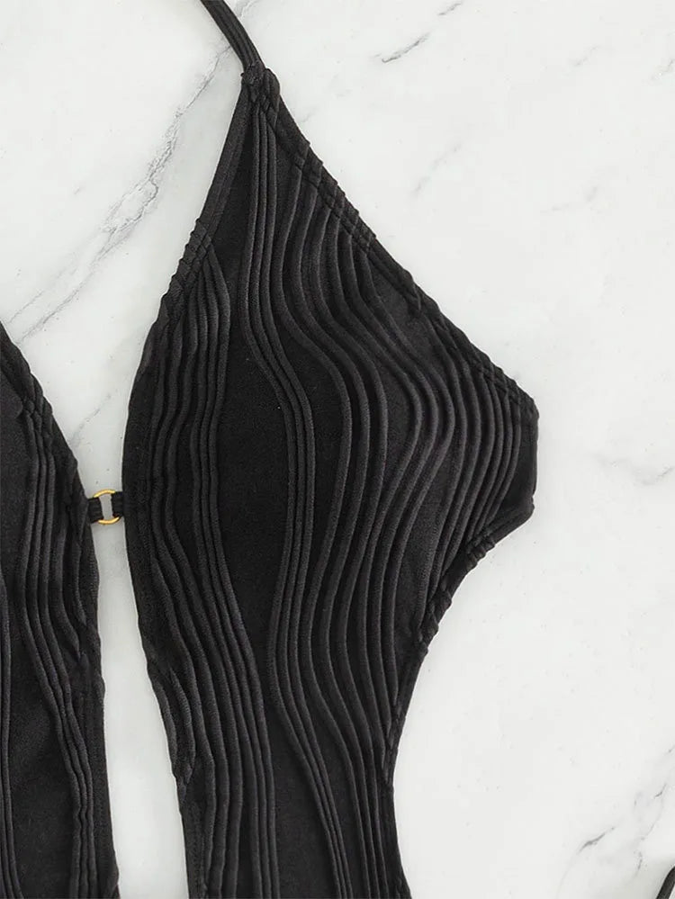 Cikini-Cut Out Tie Side Halter Swimsuit for Women, Monochromatic, Beach Swimwear, Bathing Suit, Summer