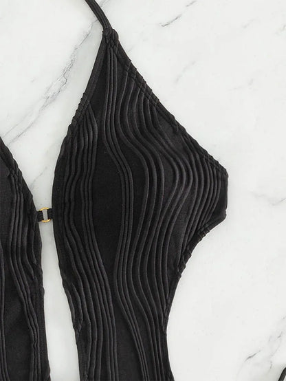 Cikini-Cut Out Tie Side Halter Swimsuit for Women, Monochromatic, Beach Swimwear, Bathing Suit, Summer