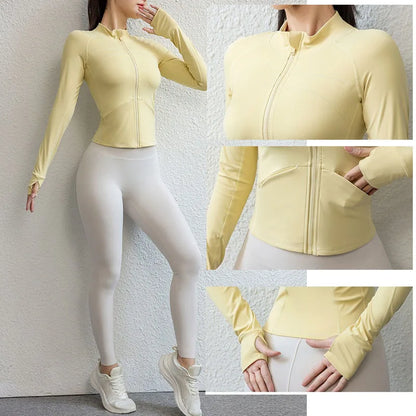 Gym Jacket With pockets slim fit yoga jackets Thumbhole Long Sleeve Gym Jackets Compression Sports Compress Jackets Women Workout