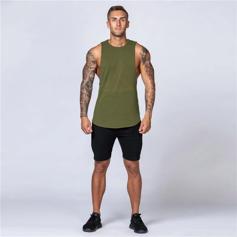 Muscle Exercise Tank Tops Men Summer Drop Armhole Vest Gym Clothing Cotton Singlet Cut Off Sleeveless T Shirt Bodybuilding Top