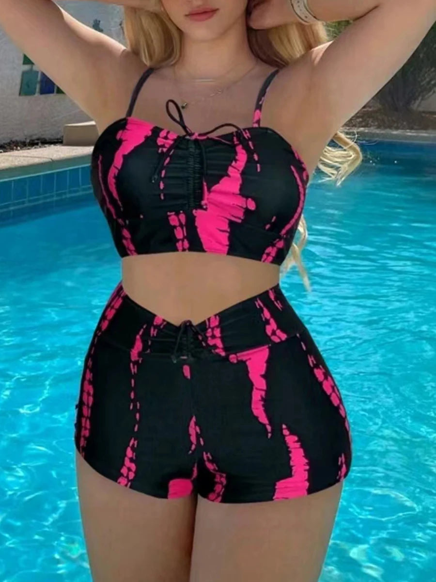 Print String Bikini Swimsuit Women High Waist Shorts Swimwear Female Bathers Bathing Swimming Swim Suit Beachwear