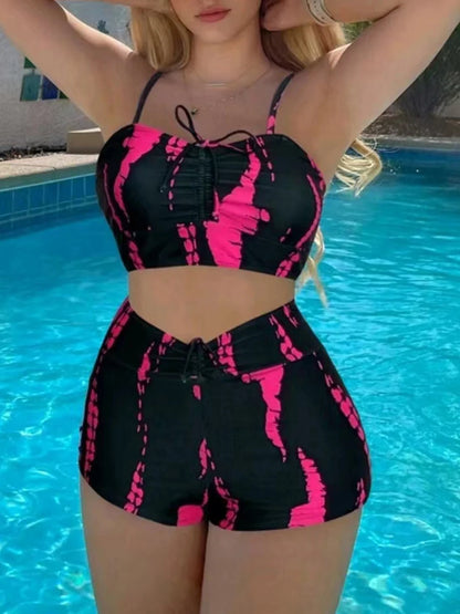 Print String Bikini Swimsuit Women High Waist Shorts Swimwear Female Bathers Bathing Swimming Swim Suit Beachwear