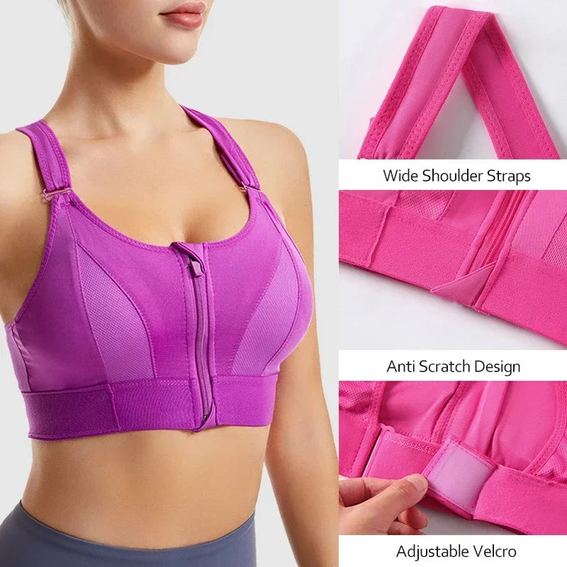 Back Adjustable High Impact Sports Bras for Women Zip Front Full Coverage and Lift Compression Tops Zipper Sports Bras
