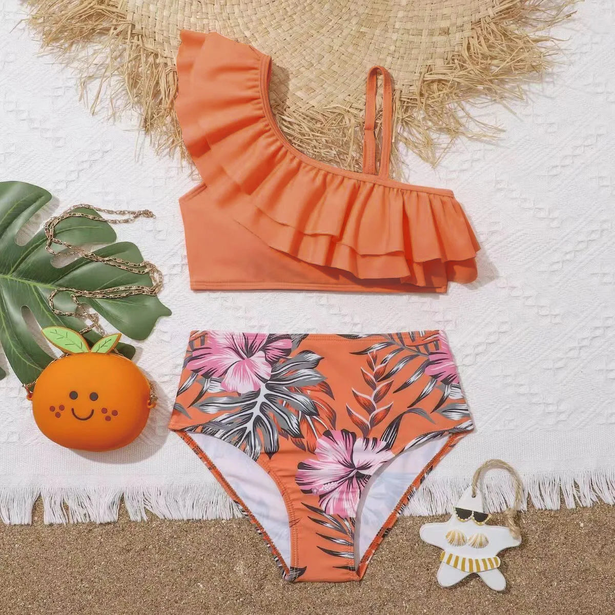 Girls Kids Swimwear Summer Beach Children Swimsuit 7-12 Years Floral Print High Waist Biquini Teens Bathing Suit Girl Bikini Set
