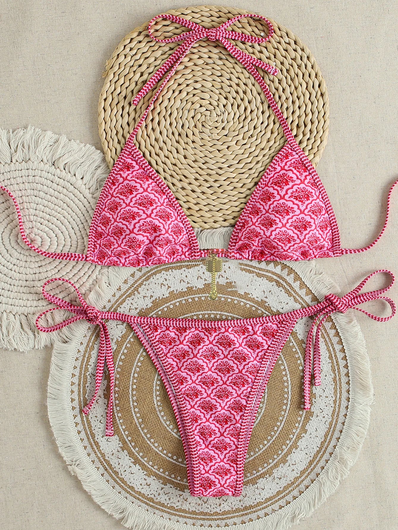Triangle Bikini Set - Floral Print Push Up Swimsuit & Brazilian Bottoms