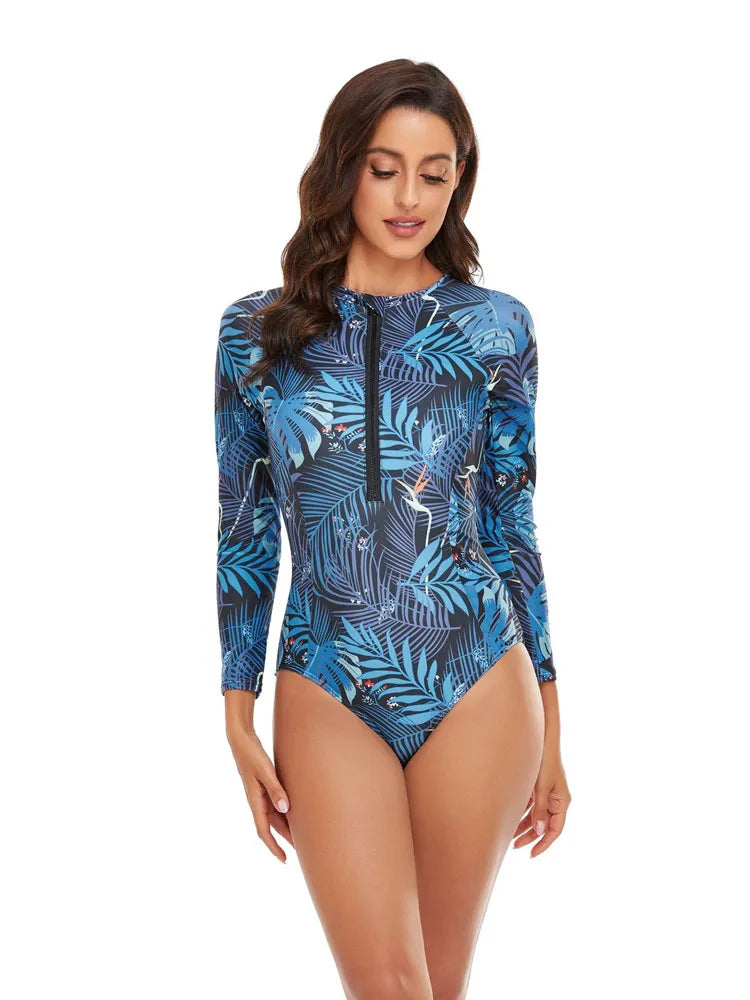 Long Sleeve Swimwear Women Rash Guard Zipper Surf suit Woman Swimsuit One-Piece Bathing Suit Beach Wear Monokini Bikini