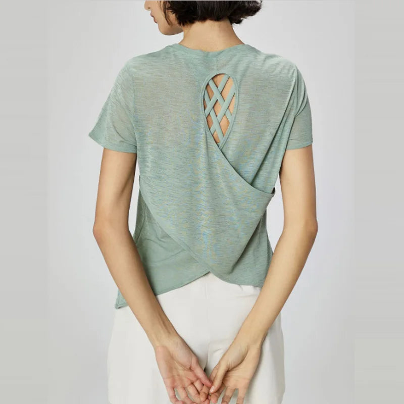 Aiithuug Breathable Mesh Yoga Short Sleeve Crisscross Back Yoga Short Sleeve Blouse Quick Dry Gym Shirt Casual Cutout Back Yoga