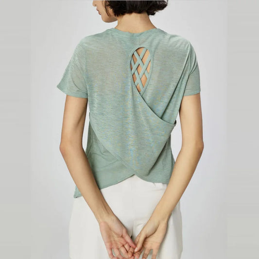 Aiithuug Breathable Mesh Yoga Short Sleeve Crisscross Back Yoga Short Sleeve Blouse Quick Dry Gym Shirt Casual Cutout Back Yoga