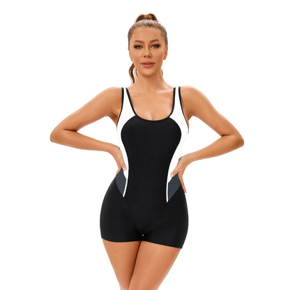 Womens One Piece Athletic Swimsuit Sleeveless Boyleg Bodysuit Color Block Sport Swimwear Leotards Wetsuit Beach Bathing Suit