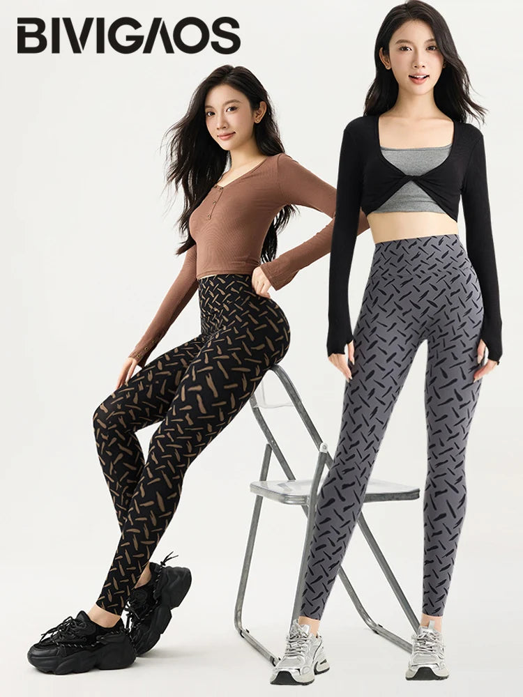 BIVIGAOS Spring Autumn Starry Sky Printed Sharkskin Leggings Women High Waist Elastic Tight Fitting Running Yoga Fitness Legging