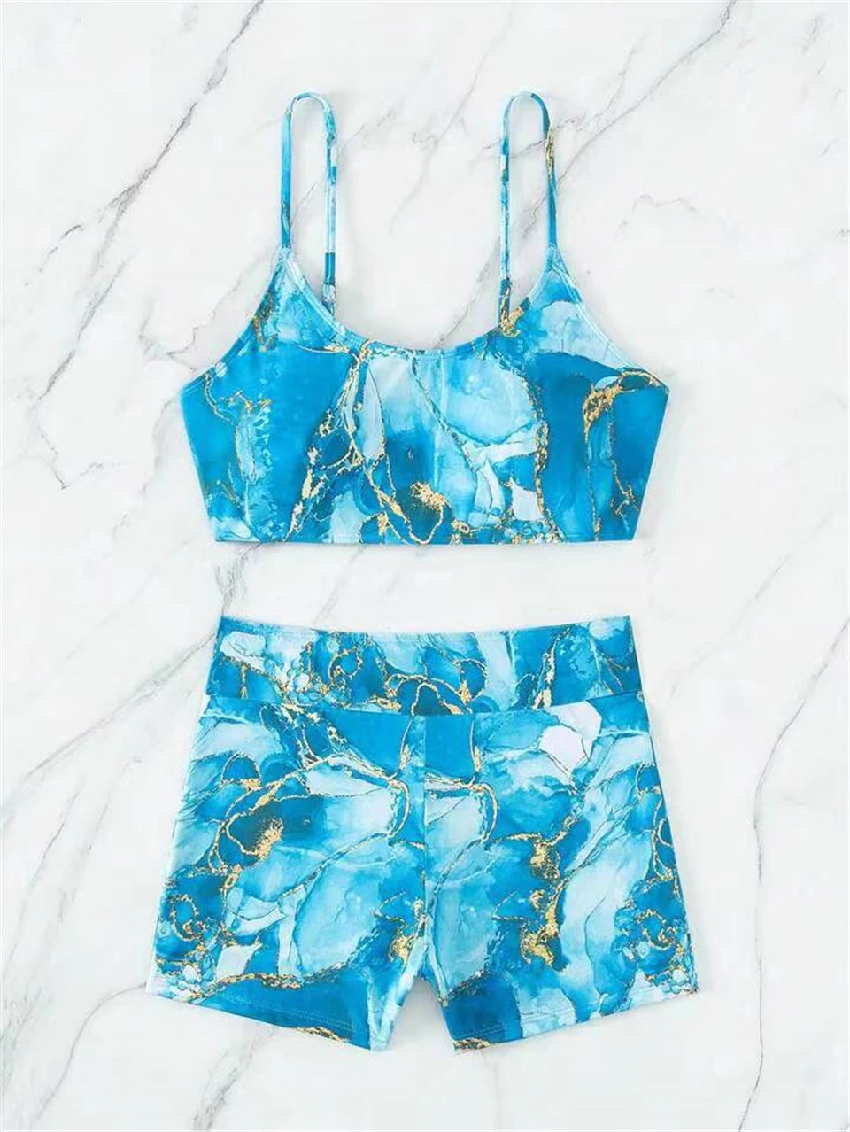 Two Pieces Marble Print Swimwear Women High Waist Swimsuit Summer Beach Wear Female Bathers Bathing Swimming Sport Suit
