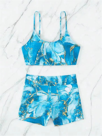 Two Pieces Marble Print Swimwear Women High Waist Swimsuit Summer Beach Wear Female Bathers Bathing Swimming Sport Suit