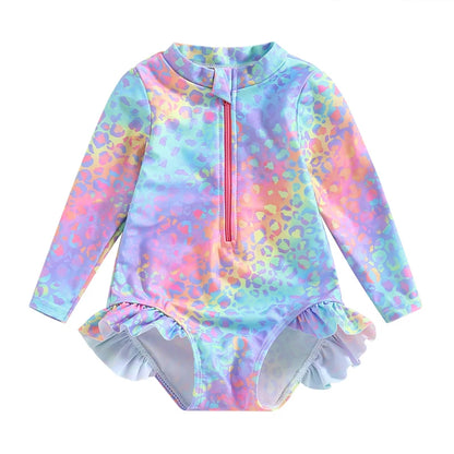 1-6Years Toddler Girls Swimsuits Fish Scale Print Long Sleeve Ruffle Trim Swimwear Summer Beachwear Kids Bathing Suits