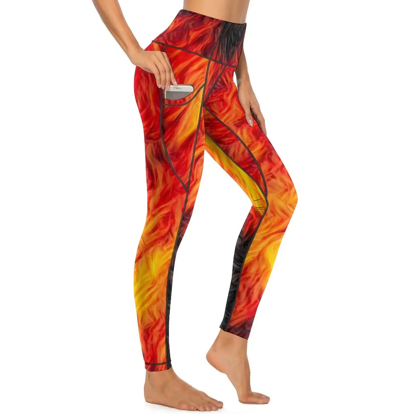 Red Fire Yoga Pants Pockets Abstract Print Leggings Push Up Kawaii Yoga Sports Tights Quick-Dry Workout Gym Leggins