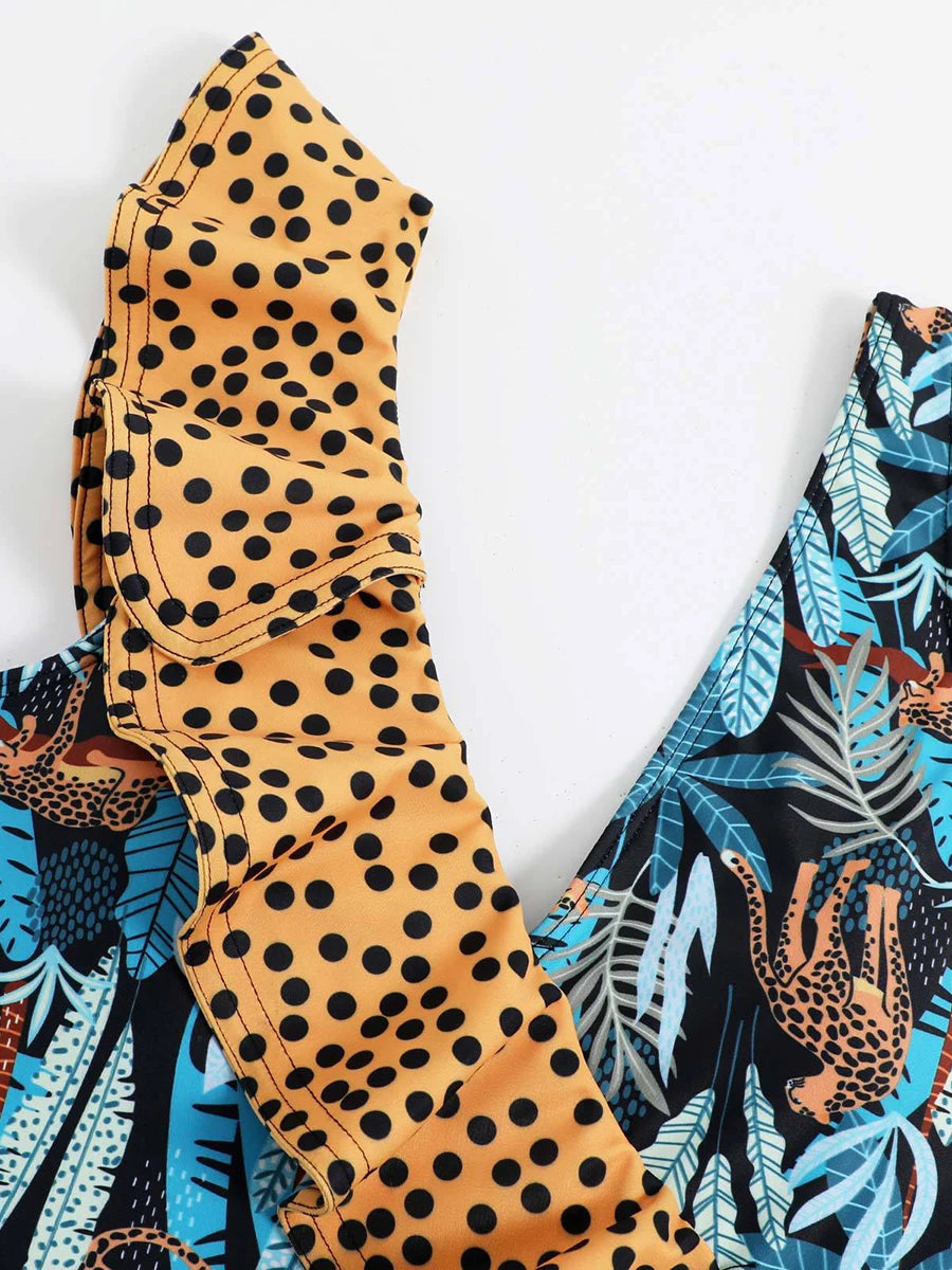Feather Leaf Cheetah Printed One Piece Swimsuit Ruffle Swimwear Women Padded Bathing Swimming Suit Female Summer Bodysuit