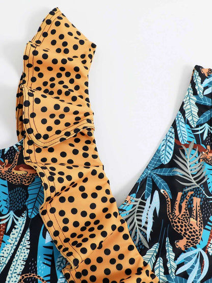 Feather Leaf Cheetah Printed One Piece Swimsuit Ruffle Swimwear Women Padded Bathing Swimming Suit Female Summer Bodysuit