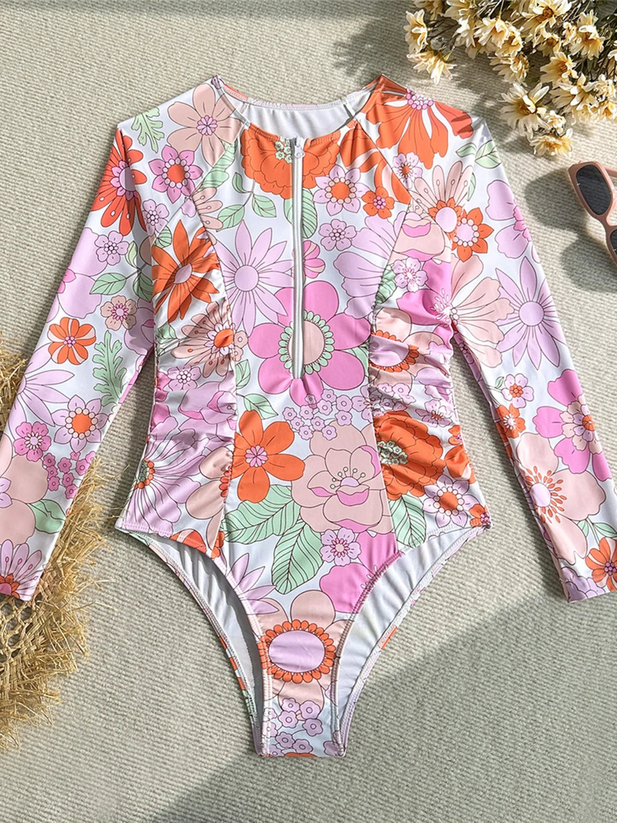 Rash Guard Flowers Printed Long Sleeve Racing Women Swimwear Female With Zipper Wrinkled Bather Bathing Suit Swim One Piece Swimsuit