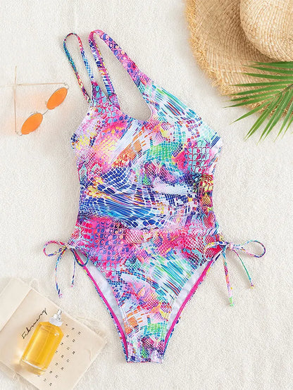 Women's Colorful Printed One-Shoulder Side Drawstring Swimsuit, Beach Bathers