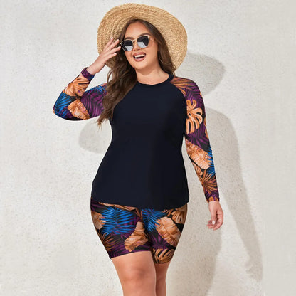 Plus Size 4XL Tankini Rash Guard Swimsuit Set Long Sleeve High Waist Boyleg Two-Piece suits with Sun Protection Women Swimwear Bathing Suit