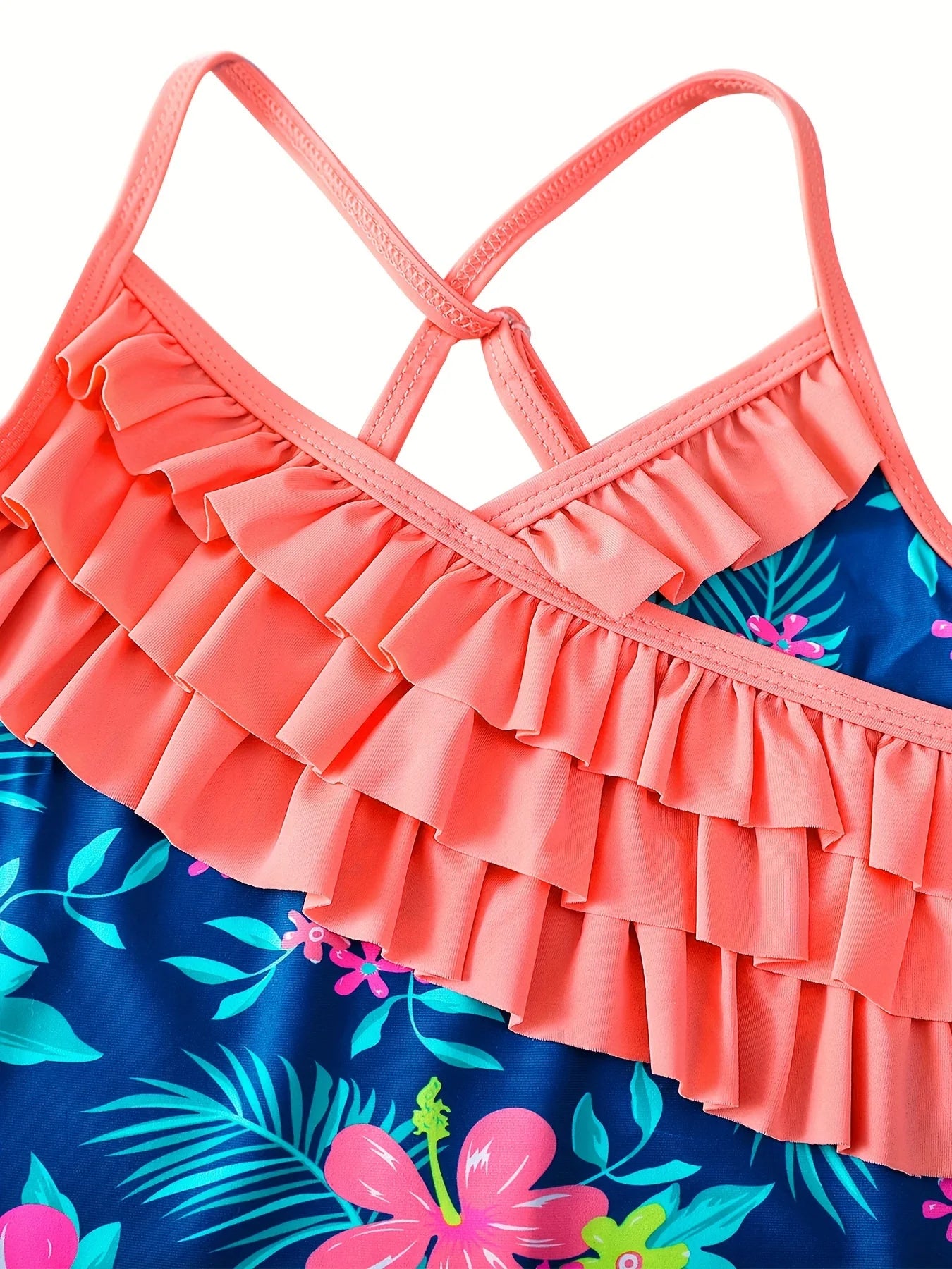One-Piece Swimsuit Girls Floral Print Asymmetrical Cascading Ruffles Summer Cross Strap Backless Swimwear Bikini-Cut Swim Suit