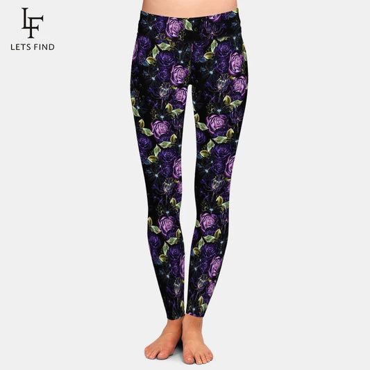 Beautiful Purple Rose Print High Waist Fitness Leggings Fashion Soft Fitness Stretch Leggings