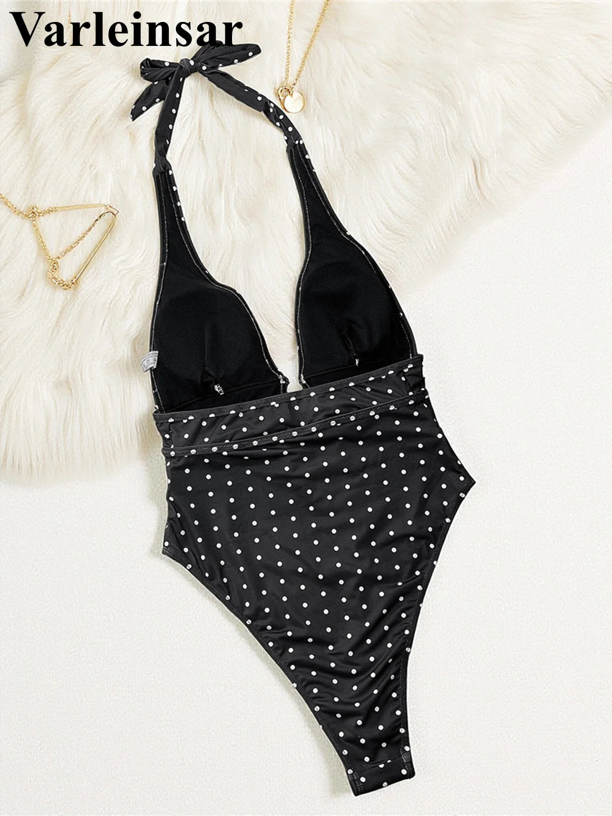 Polka Dots Halter Deep V Neck One Piece Swimsuit Women Swimwear Female Backless Monokini Padded Bather Bathing Suit Swim