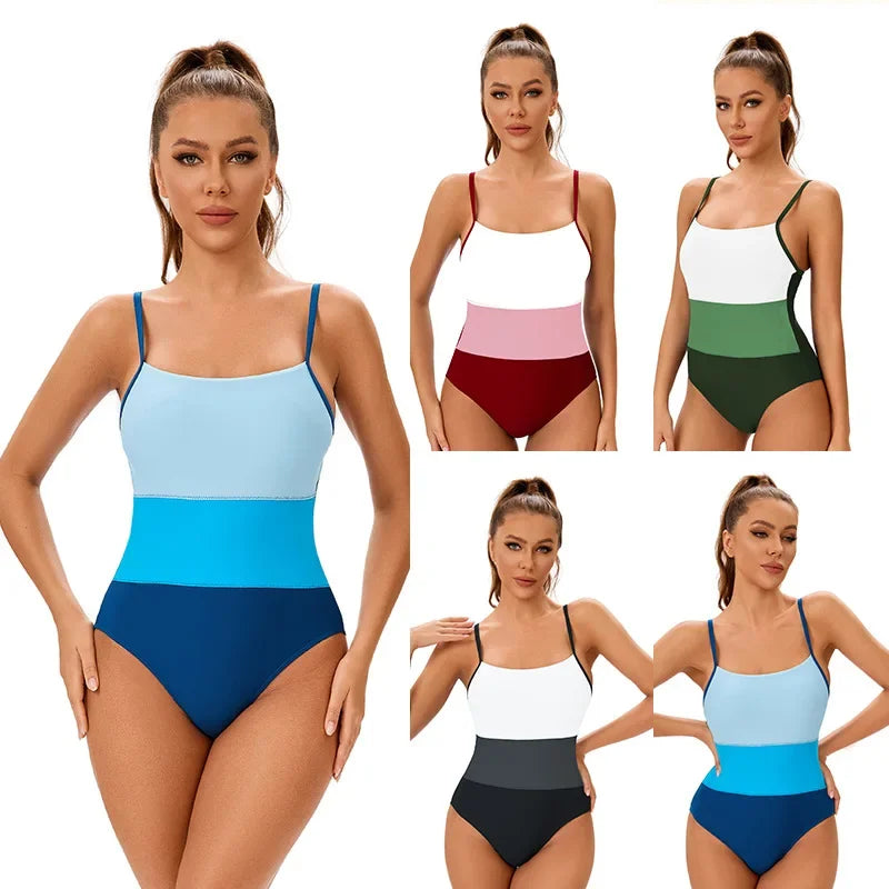 Block Colors One-Piece Swimsuit Sexy  Backless Bodycon Fit  Swimwear for Summer Vacations Bathing Suit Women