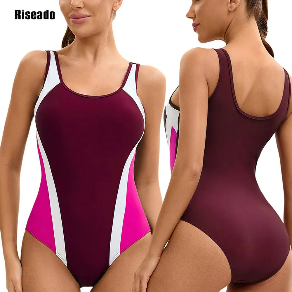 Women's Color Block One Piece Swimsuits U Back Athletic Training Swimwear Bathing Suits