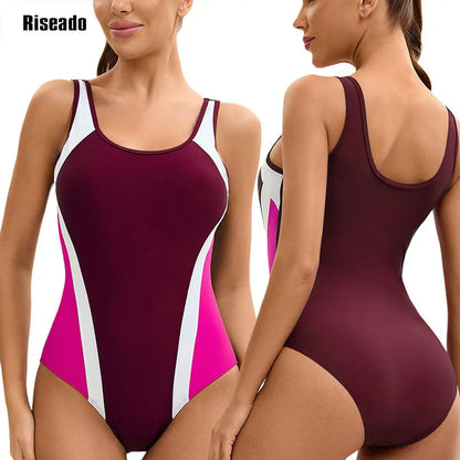 Women's Color Block One Piece Swimsuits U Back Athletic Training Swimwear Bathing Suits